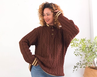 Vintage 90s brown wool knit sweater, Vintage boho cable knit sweater, 90s lounge wool sweater, 90s minimalist oversized sweater, Size M L