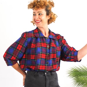 Vintage 80s plaid button blouse with short sleeve, 80s tartan puff sleeve blouse plus size, 1980s peter pan collar blouse, Size XL 2XL