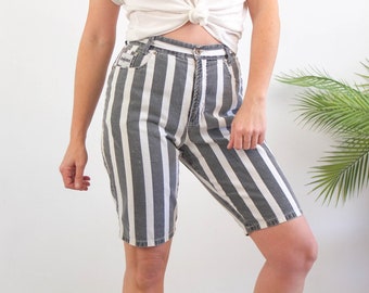 Vintage 90s striped denim shorts, 1990s striped high waist jean shorts, gray white stripe long denim shorts, 90s bermuda denim shorts, 28" W