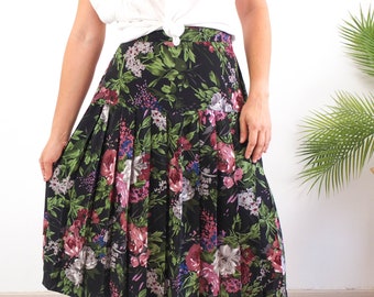 Vintage black floral midi skirt, 90s 80s floral pleated skirt size M L, Vintage black romantic floral skirt, High waist pleated maxi skirt