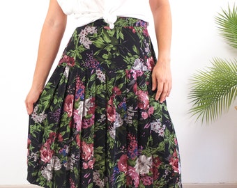 Gonna midi vintage nera a fiori, gonna plissettata con stampa floreale anni '90 '80 M L, gonna romantica vintage a fiori, gonna plissettata a vita alta in poliestere anni '80