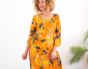 Vintage 90s boho print tunic top, 90s long tunic dress, Orange leaf print tunic, Vintage Y2K boho hippie tunic, 1990s retro tunic top size M