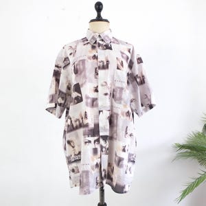 Vintage 90s novelty women eyes face blouse women size XL, 1990s retro color block blouse plus size, 90s button down blouse curvy women
