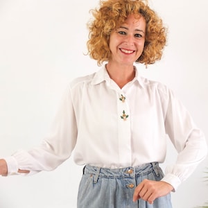 Vintage 80er Jahre Trachtenbluse mit langen Ärmeln, 80er Jahre Dirndlbluse mit Stickerei Gr S