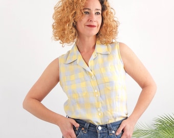 Camisa xadrez vintage sem mangas dos anos 90, blusa vintage amarela xadrez com botões, blusa de linho sem mangas com gola dos anos 90, blusa country, tamanho M