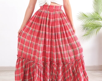 Vintage 70s red prairie maxi skirt, 70s cotton plaid prairie peasant skirt, 1970s maxi skirt size XS, 70s cottagecore plaid skirt, 24" waist