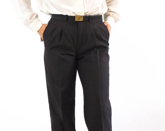 Vintage 80s black high waist pants, 1980s black woolen pleated trousers, 80s minimal black tapered pleated pants, Black pants size M 31"
