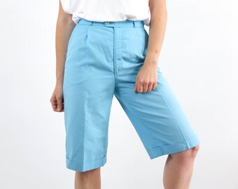 Pantalón corto vintage 90s cintura alta plisado, short retro azul claro, bermudas largas años 90, shorts rodilla algodón Vintage Summer, 27,5"