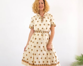 Belted-Collard Yellow Pleated Linen Midi w/ Button Up Bodice 