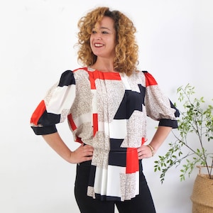 Vintage 1980s New Wave peplum blouse, 80s Color block geometric blouse, Vintage puff sleeve pleated blouse, 80s retro statement blouse M - L