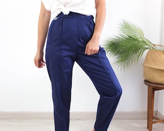 Pantalones pitillo de talle alto estilo años 80, pantalones plisados de algodón azul marino de los 80, pantalones con estribo vintage, pantalones de trabajo retro de los 80 para mujer, talla S