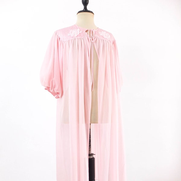 Vintage 70s pink peignoir robe with puff sleeve, 70s Ladies dressing gown robe, 70s lace sheer negligee robe, Vintage Romantic gown robe