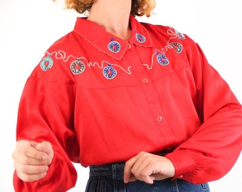 Vintage 80s retro satin blouse, 1980s embroidered blouse puff sleeve, 80s secretary novelty blouse, Vintage oversized silky blouse, L - XL