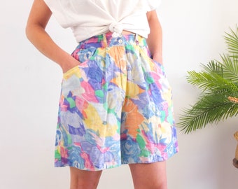 Vintage 80s cotton floral shorts, Vintage floral pleated shorts, 80s high waist floral wide leg shorts, Summer 80s clothing women, Size M