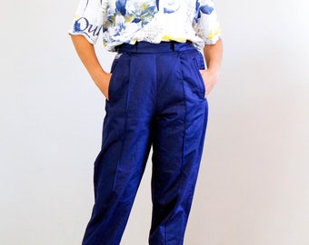 Vintage 80s navy blue cotton trousers, 80s stirrup pants, Vintage high waist tapered pants trousers, Vintage blue cotton stirrup pants, S