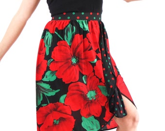 Vintage floral dance skirt, 90s knee length floral skirt, Flamenco style skirt, Red poppy flowers skirt, 90s retro multi pattern skirt large