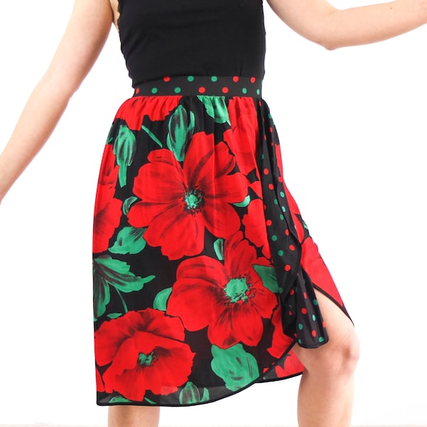 jupe de danse florale vintage, jupe florale des années 90 au genou, jupe de style flamenco, jupe rouge à fleurs de pavot, grande jupe rétro à motifs multiples des années 90