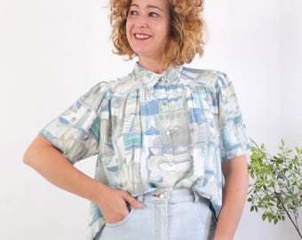 Blusa plisada abstracta vintage de los años 80, blusa con estampado de acuarela retro de los años 80, blusa con botones en bloque de color pastel de manga corta de los años 80 para mujer, talla mediana