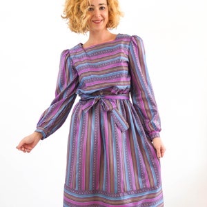 Vintage 80s striped folk dress, 80s prairie midi dress with puff sleeve, 80s blouson dress with belt, 80s Laura Ashley style dress, Size M