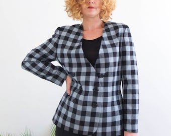 Vintage 80s black checked wool blazer, 1980s preppy double breasted jacket, 80s secretary checks collarless blazer, classic jacket women M