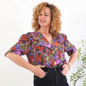 Vintage oversized abstract blouse, 90s 80s crazy print blouse, Vintage pop art button up shirt, 80s retro multicolor blouse shirt, Size M L