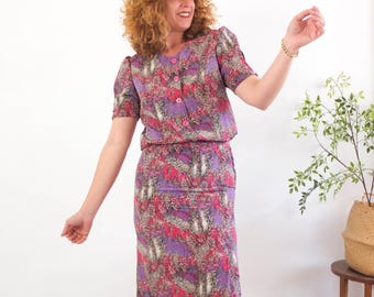 Conjunto vintage de dos piezas de falda abstracta de los años 80, talla M; conjunto de blusa y falda con mangas abullonadas de los años 80; conjunto retro abstracto a juego de los años 80, talla M.
