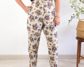 Vintage 90s high rise floral print pants, Extra high waist tapered leg pants, 1990s retro pleated pants, Vintage cotton linen mom pants, M