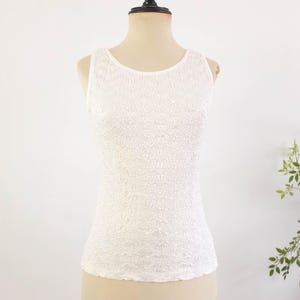 Vintage 90s shiny white stretchy tank top, 1990s party cocktail white camisole top, 00s 90s y2k white bodycon tank top with textured, Size S