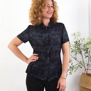 Vintage 90s black print sheer blouse, Black punk gothic blouse, 1990s sheer fitted button up shirt, Y2K tie dye chiffon shirt, Small Medium