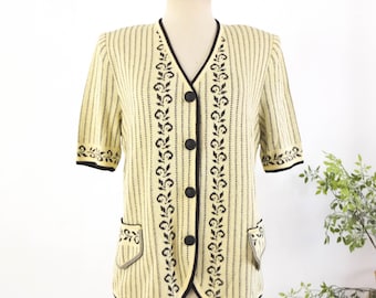 Vintage 80s floral yellow cardigan sweater, Vintage butter yellow preppy cardigan short sleeve, Cute coquette yellow striped cardigan, Large