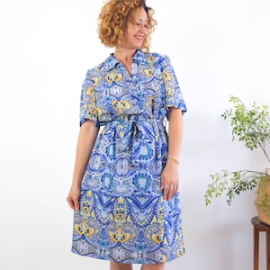 Vintage 80s summer day dress plus size, Vintage dress XL size, Vintage abstract print dress plus size, 80s belted shirtdress size L - XL