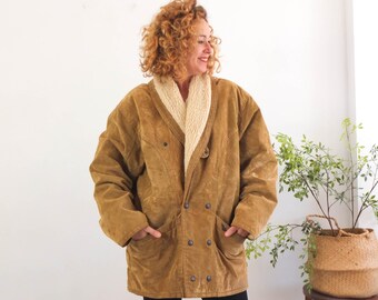 Casaco vintage marrom de pele de carneiro, casaco de sherpa de camurça sintética estilo sudoeste, jaqueta original oversized de pele de carneiro dos anos 90, casaco vintage navajo tamanho G/GG