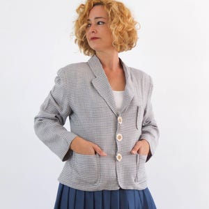 Vintage 90s plaid linen blazer, Vintage blue gingham blazer, 90s summer fitted tailored blazer with pockets, 90s ladies preppy blazer, M - L
