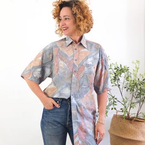 Vintage 90s men abstract button up shirt, 1990s retro button down shirt for men, Artsy abstract print shirt short sleeve collared Streetwear