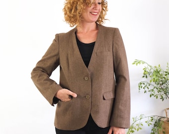 Blazer vintage in lana marrone con bottoni, blazer elegante minimale anni '90-'80, giacca blazer vintage formale da segretaria professionale, taglia Large da donna