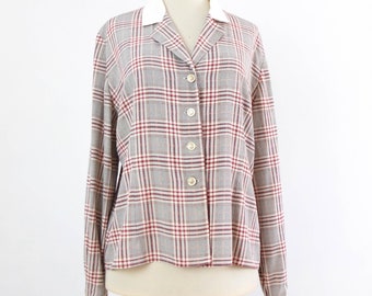 Vintage 90s secretary checkered blouse, 90s workwear classic checked button shirt, 1990s classy fitted blouse plus size, Plaid shirt size XL