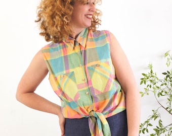Vintage 90s colorful plaid tie front shirt, Plaid sleeveless collared button down top, 1990s country retro tie waist cropped blouse, M L