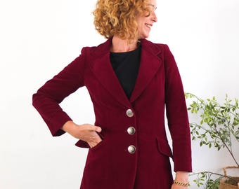 Blazer vintage de terciopelo burdeos, talla pequeña, blazer ajustado de terciopelo de los años 90 con bolsillo, chaqueta de traje de oficina retro vintage con botones para mujer