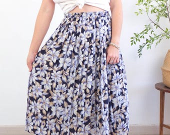 Vintage 90er Plus Size marine Blumen Rock, hoher Taille A-Linien-Rock, 90er Lässiger Blumen Midi Rock, 1990er Jahre Plissee Blumenmuster Polyester