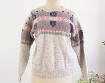 Vintage 90s fair isle wool sweater, Vintage nordic style sweater women size XS, 90s retro geometric wool knit sweater, Size Extra Small