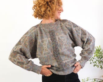 Vintage 80s retro knit sweater women, 80s wool batwing sleeve sweater, Vintage geometric knit sweater, 80s dolman sleeve crop sweater Size M