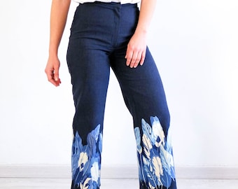 Pantalones capri de mezclilla vintage de los 90, pantalones capri con estampado Y2K, pantalones capri de cintura alta de los 90, pantalones vaqueros recortados vintage, vaqueros elegantes Y2K de los 90 con cintura de 66 cm.