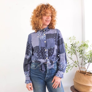 Vintage western button up shirt women, 90s patchwork oversized shirt, 1990s floral country button down shirt ruffled collar long sleeve, M L