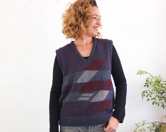 Vintage 80er 90er Jahre Wolle Oversized Pullover, Vintage geometrische Wollstrickweste, 90er Cosby Wollweste, V-Ausschnitt Wollmischung Strickweste Damen, M L