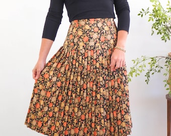Vintage 80s high waist pleated skirt, Vintage floral brown maxi skirt, 1980s secretary pleated skirt, floral retro long skirt size L, Large