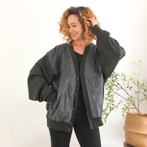 Cardigan oversize in lana verde vintage anni '80-'90, cardigan in lana scamosciata vintage lavorato a maglia grossa, maglione cardigan maculato stile anni '80, unisex