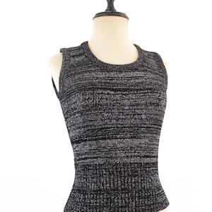 Vintage 70s black metallic sweater vest, 70s retro disco lurex knit top, Silver lurex sleeveless sweater women, 70s fit crop sweater top, S