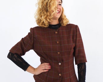 Vintage 90s brown wool houndstooth blazer, Vintage plaid fitted blazer jacket, 90s preppy office wool blazer with short sleeve, size Medium