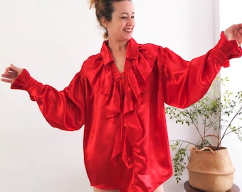 Vintage costume victorian ruffled blouse plus size, Red liquid satin blouse, Vintage poet sleeve blouse, 90s Renaissance style blouse 2XL 3X