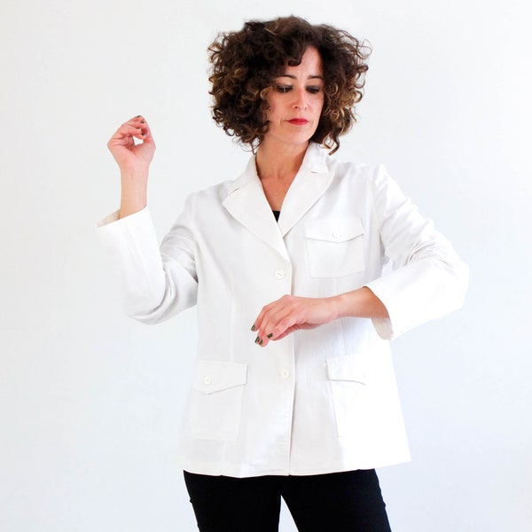 blazer en coton blanc vintage des années 90 avec poches, veste utilitaire blanche vintage pour femme, veste de corvée décontractée vintage, blazer blanc minimaliste grand